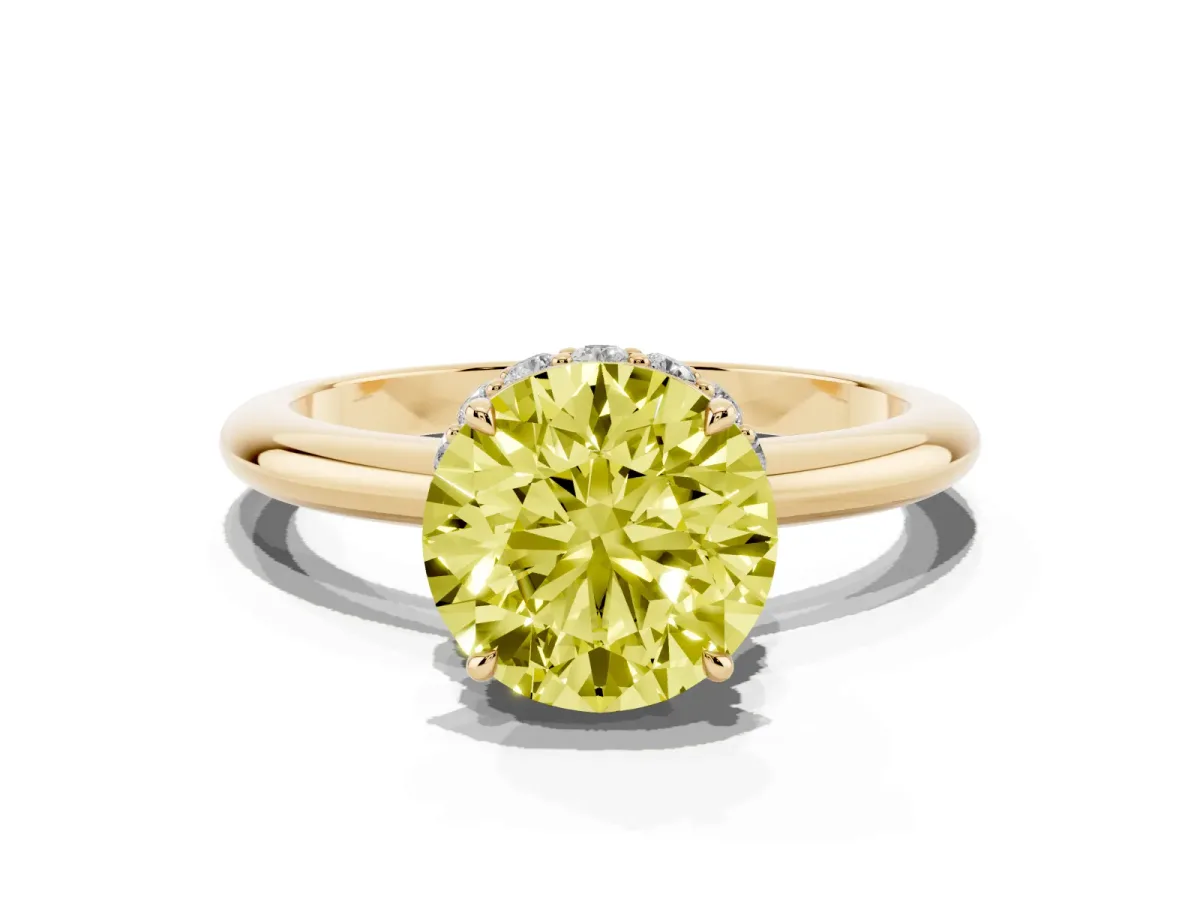 Fancy Yellow Round Cut Brilliant Solitaire Engagement Ring with Six-Prong Setting and Classic Band Yellow gold