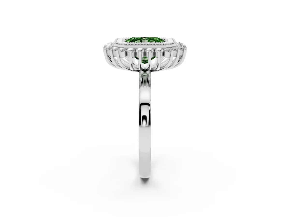 Fancy Green Radiant Cut Halo Diamond Ring with Milgrain Edge and Round Prong Setting Silver