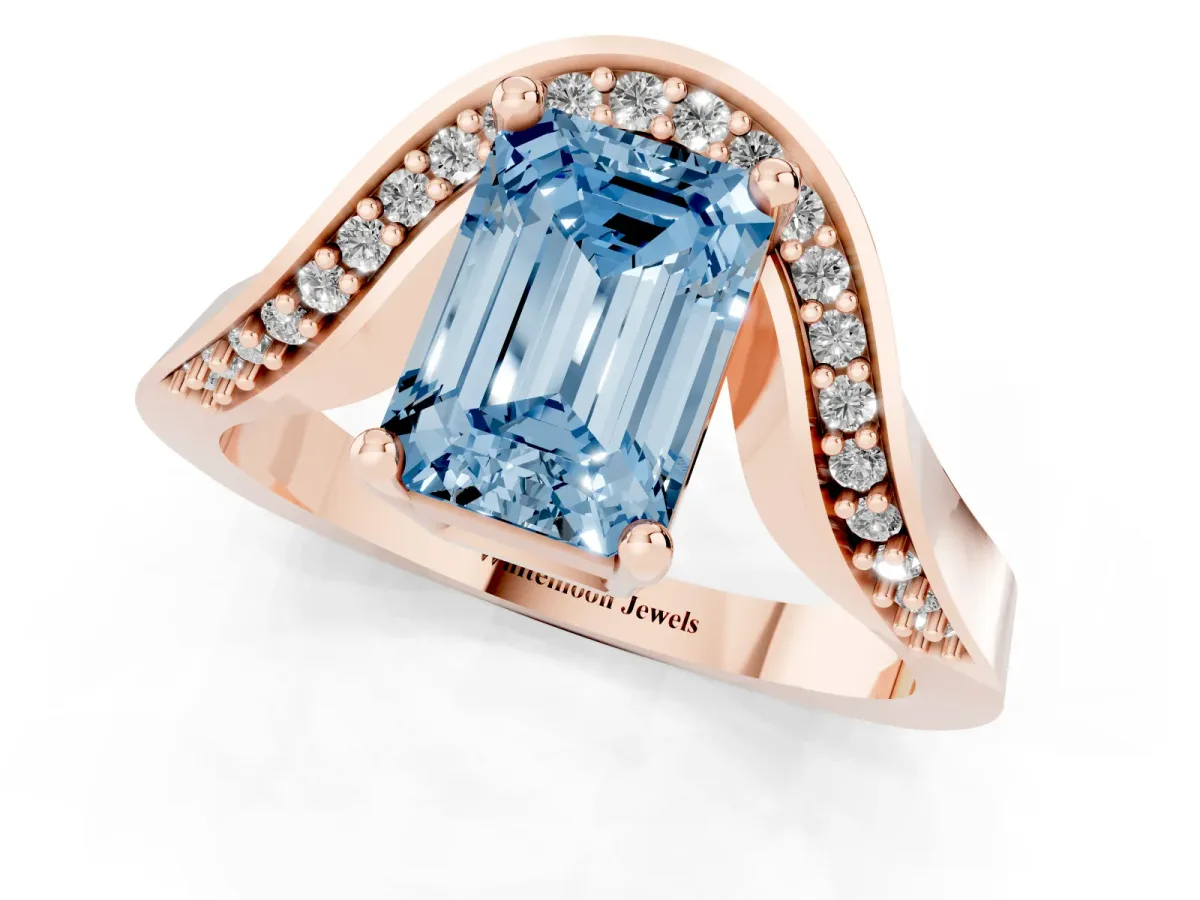 Fancy Blue Emerald Cut Solitaire Diamond Engagement Ring with Pave Band and Four-Prong Setting Rose gold