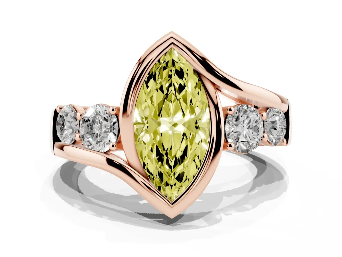 Fancy Yellow Bezel Set Marquise Cut Diamond Bypass Ring with Round Accents Rose gold