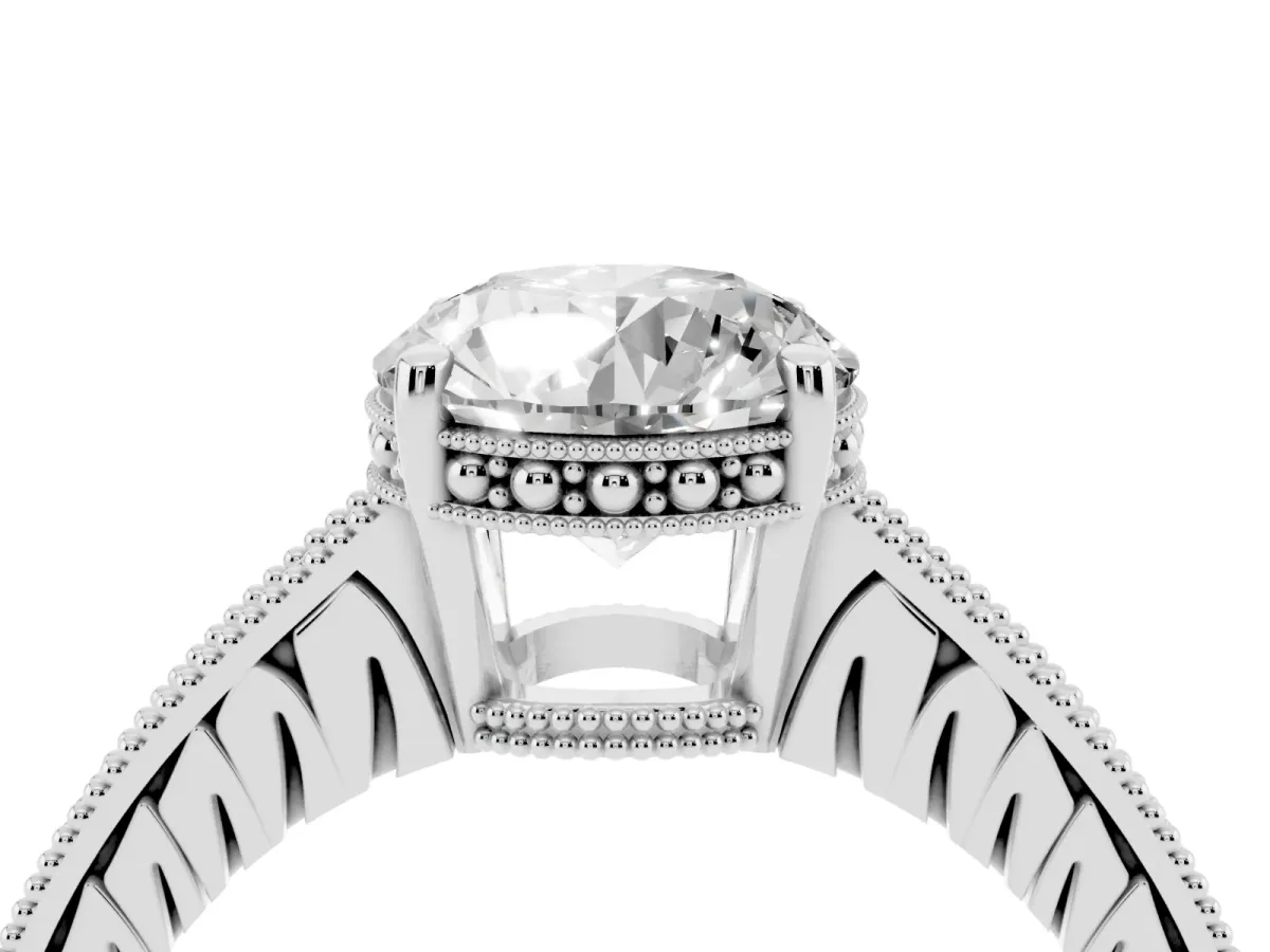 Round Cut Solitaire Pavé Diamond Milgrain Engagement Ring with Four-Prong Setting Silver