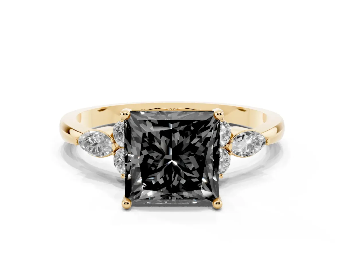 Fancy Black Princess Cut Brilliant Diamond Solitaire Ring with Pear Side Stones and Four-Prong Setting Yellow gold