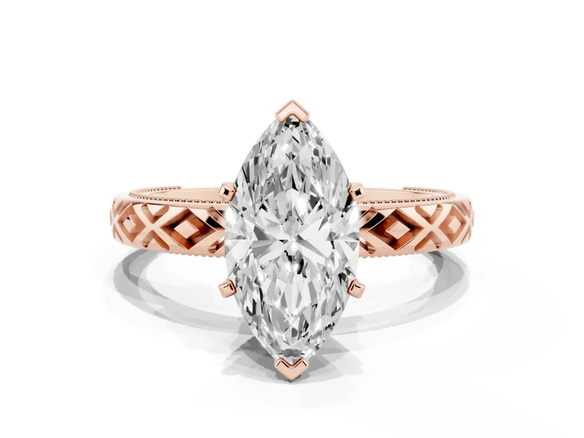 Marquise Cut Solitaire Diamond Ring with Milgrain and Black Enamel X Pattern Band Rose gold