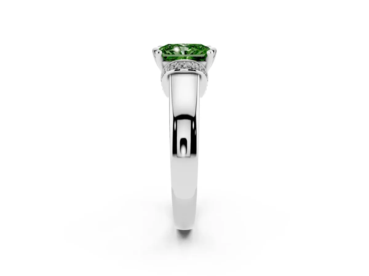 Fancy Green Radiant Cut Solitaire Diamond Ring with Pave Band and Six-Prong Setting White gold