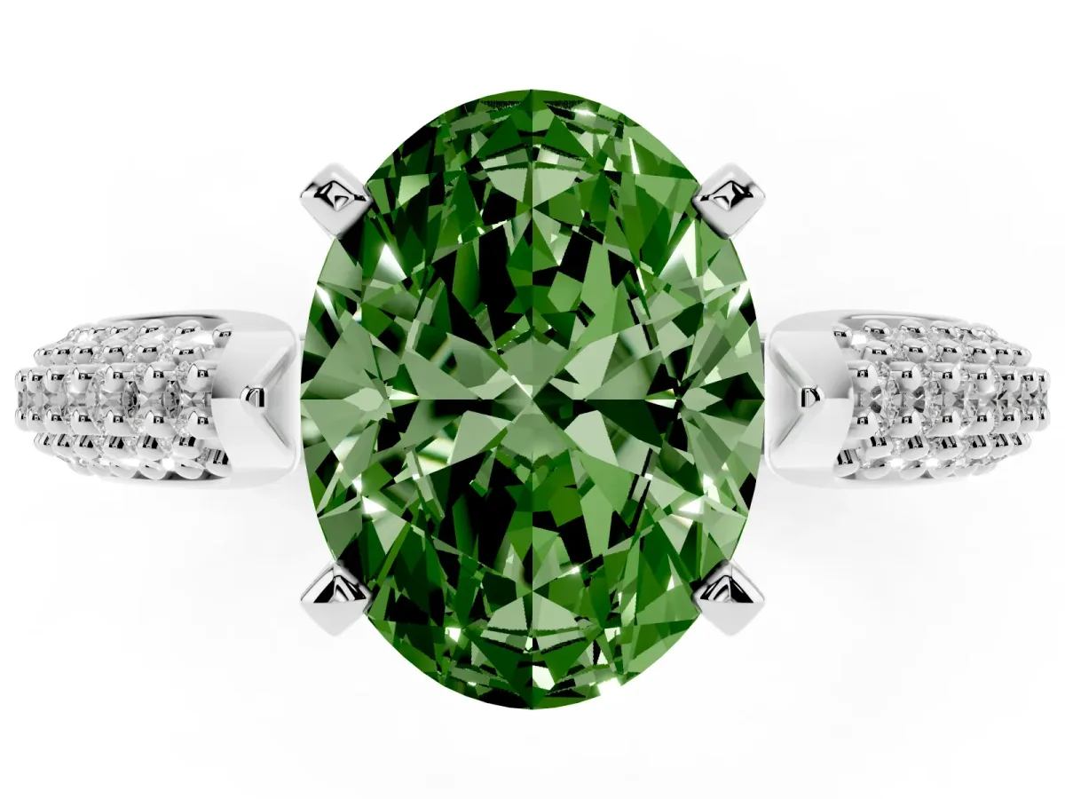 Fancy Green Oval Cut Diamond Solitaire Engagement Ring with Multi-Row Round Pavé Band and Prong Setting White gold