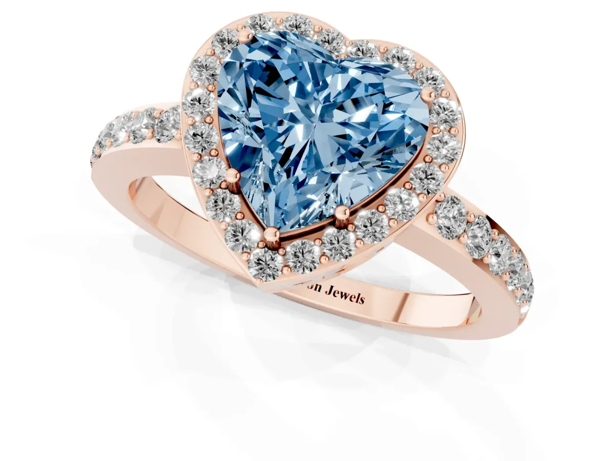 Fancy Blue Heart Cut Halo Diamond Pavé Band Ring with Prong Setting Rose gold