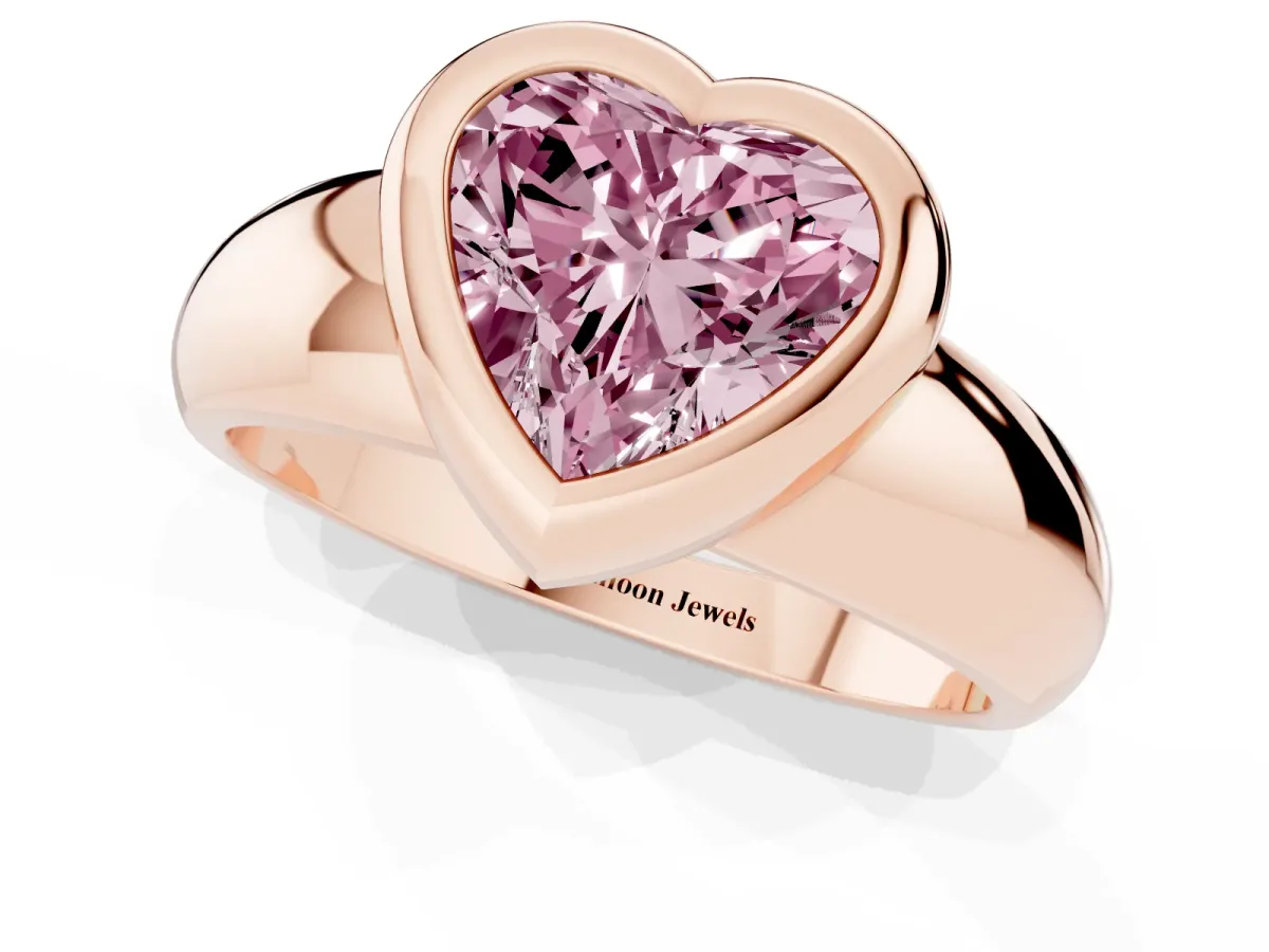 Fancy Pink Bezel Set Heart Cut Solitaire Ring with Wide Band Rose gold