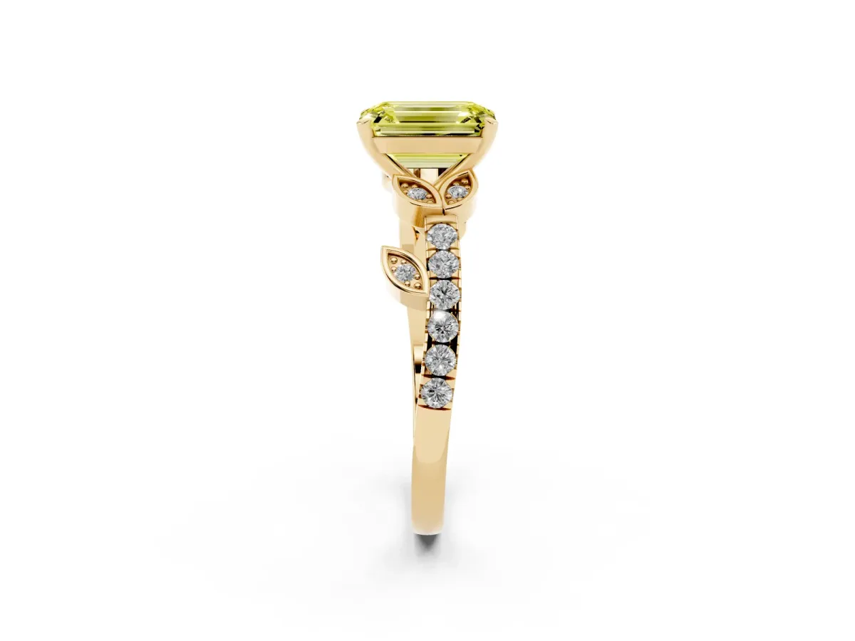 Fancy Yellow Emerald Cut Solitaire Leaf-Inspired Diamond Ring with Pavé Band and Four-Prong Setting Yellow gold