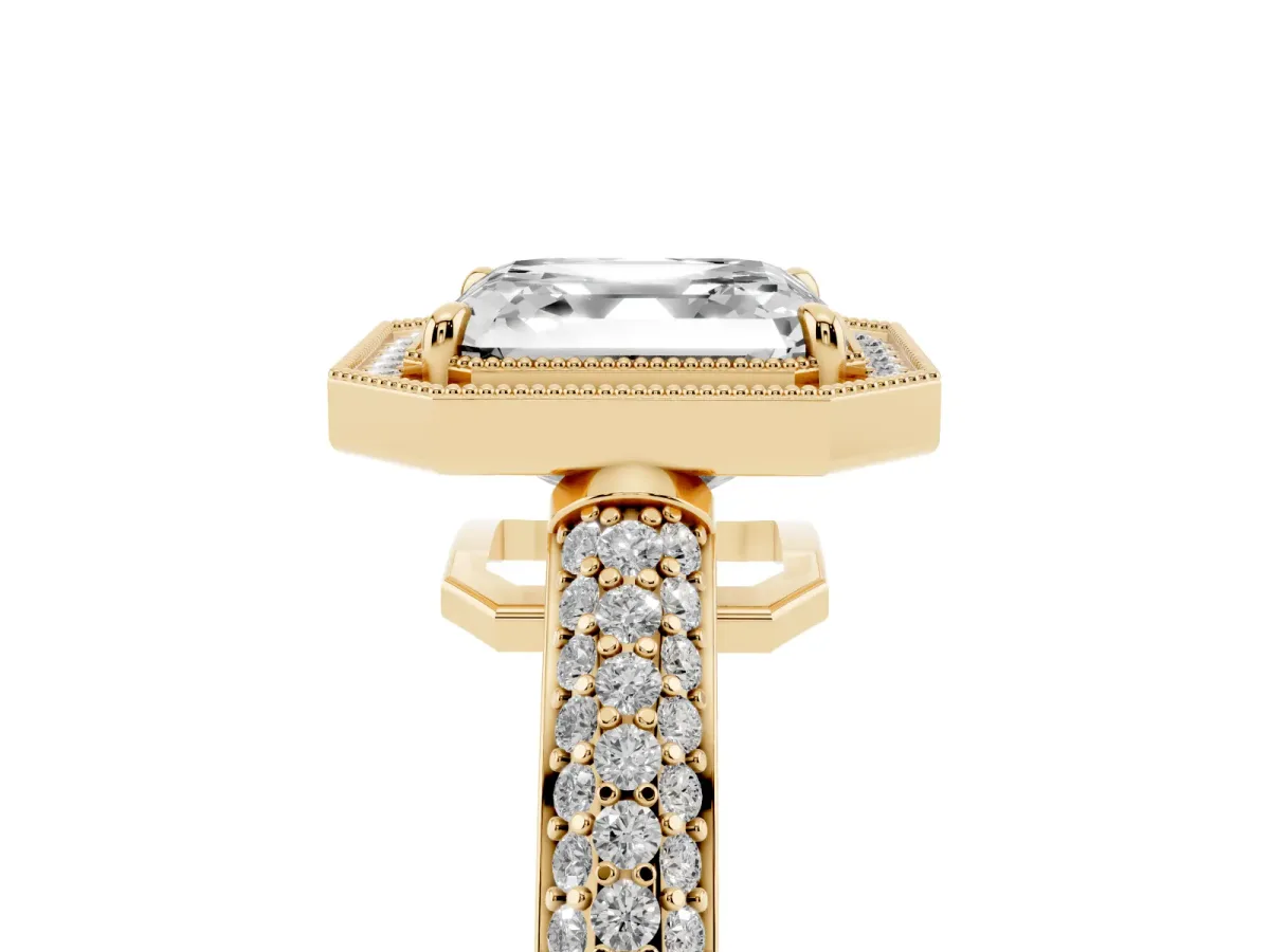 Asscher Cut Cut Halo Diamond Pave Band with Four-Prong Setting Yellow gold