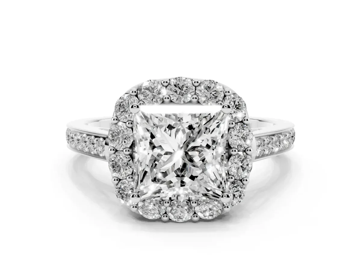 Princess Cut Diamond Floral Halo Ring with Pavé Band and Prong Setting Silver
