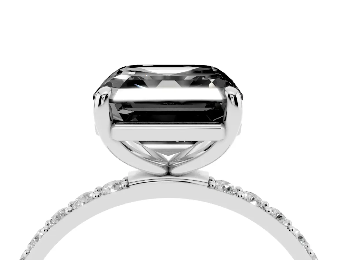Fancy Black Asscher Cut Diamond Solitaire Ring with Round Pavé Band and Prong Setting Silver