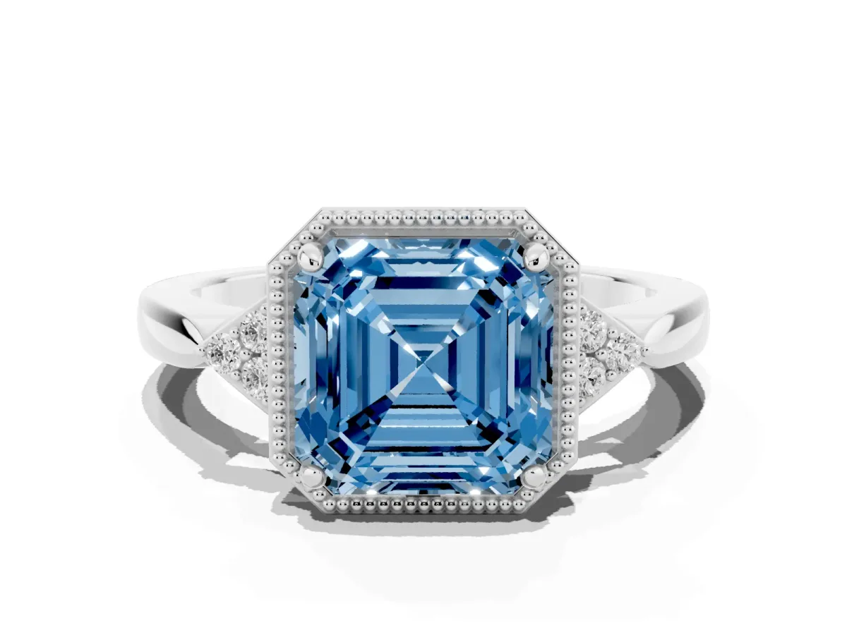 Fancy Blue Hexagonal Halo Asscher Cut Diamond Solitaire with Pavé Band and Four-Prong Setting Silver