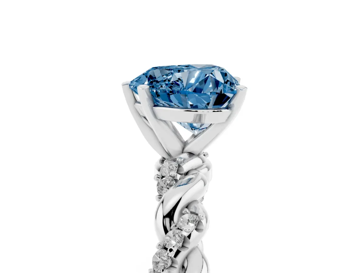 Fancy Blue Heart Cut Diamond Solitaire Ring with Twisted Band and Pavé Accents Silver
