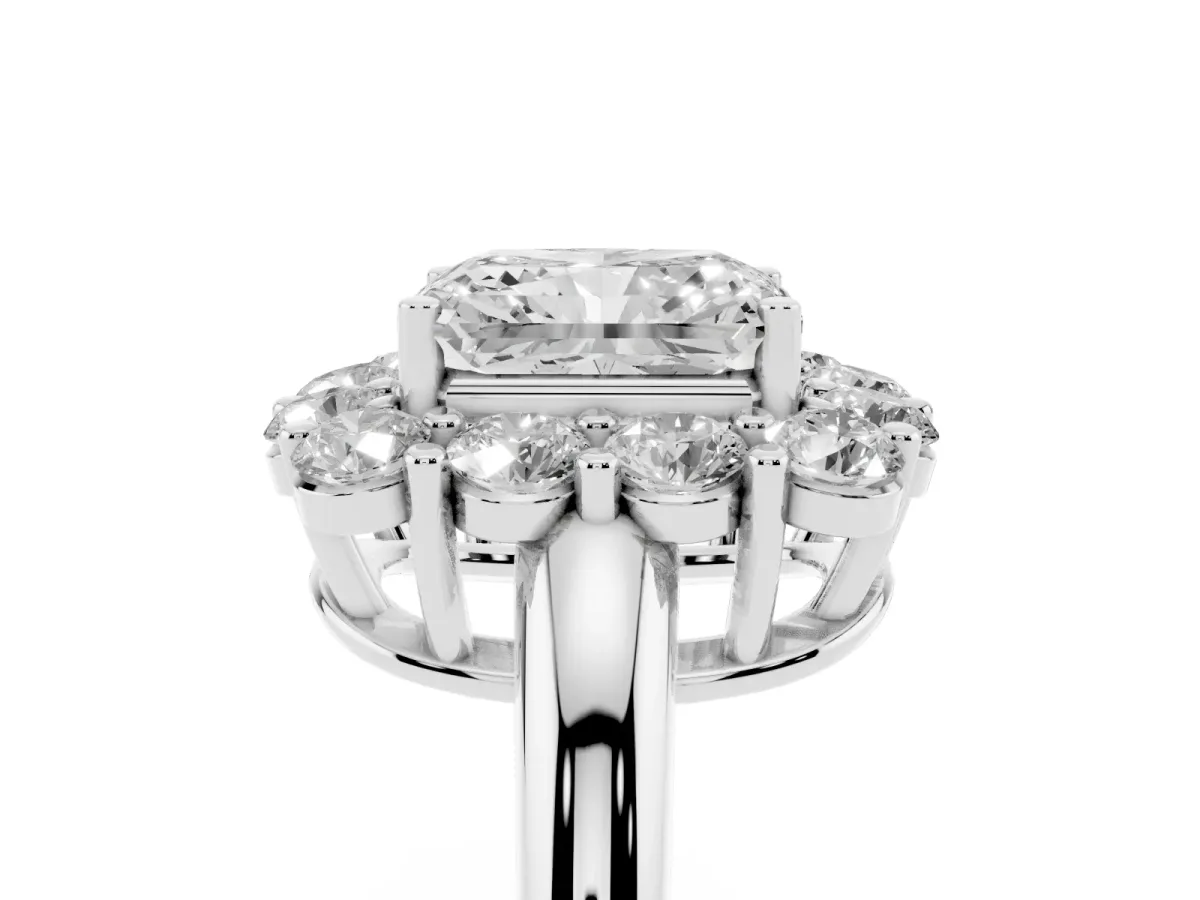 Radiant Cut Halo Cluster Diamond Engagement Ring with Prong Setting and Polished Band White gold