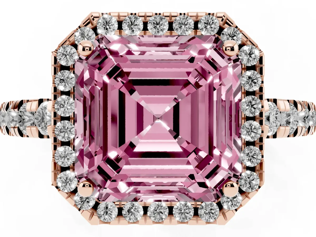 Fancy Pink Asscher Cut Diamond Halo Ring with Pavé Band and Four-Prong Setting Rose gold