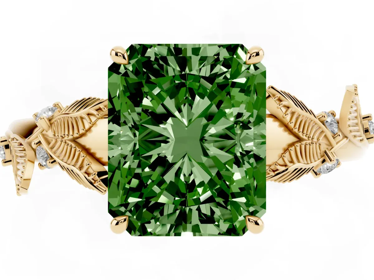 Fancy Green Radiant Cut Diamond Solitaire Ring with Leaf Motif Band and Four-Prong Setting Yellow gold