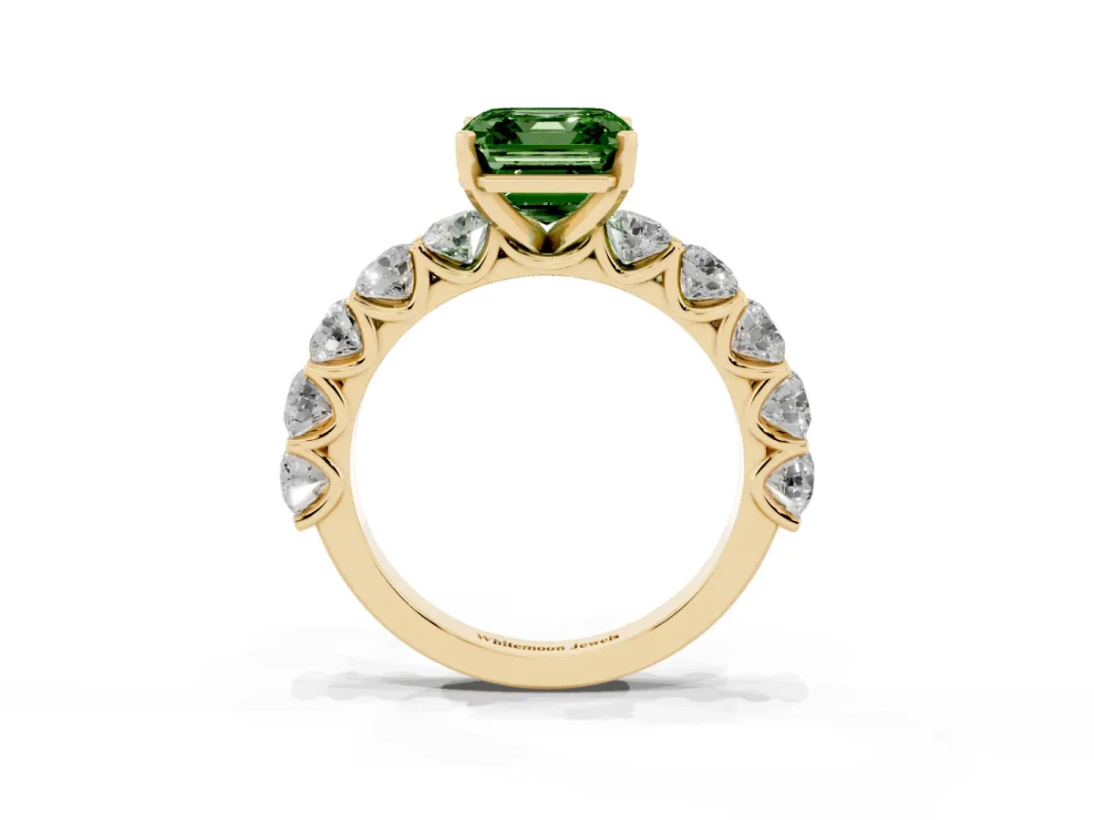 Fancy Green Asscher Cut Diamond Prong Setting with Side Stones on a Pave Band Yellow gold