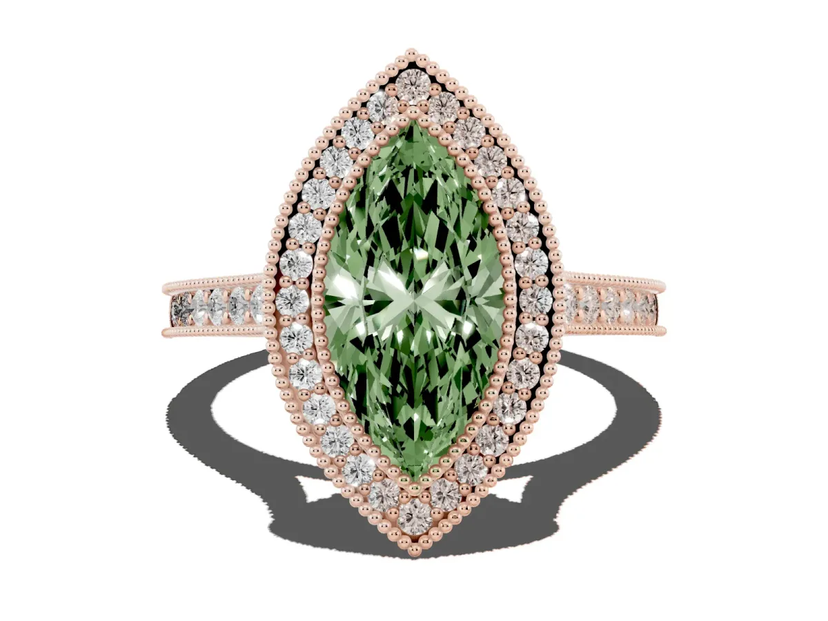 Fancy Green Halo Marquise Cut-Cut Diamond Pave Band Milgrain Prong Setting Ring Rose gold