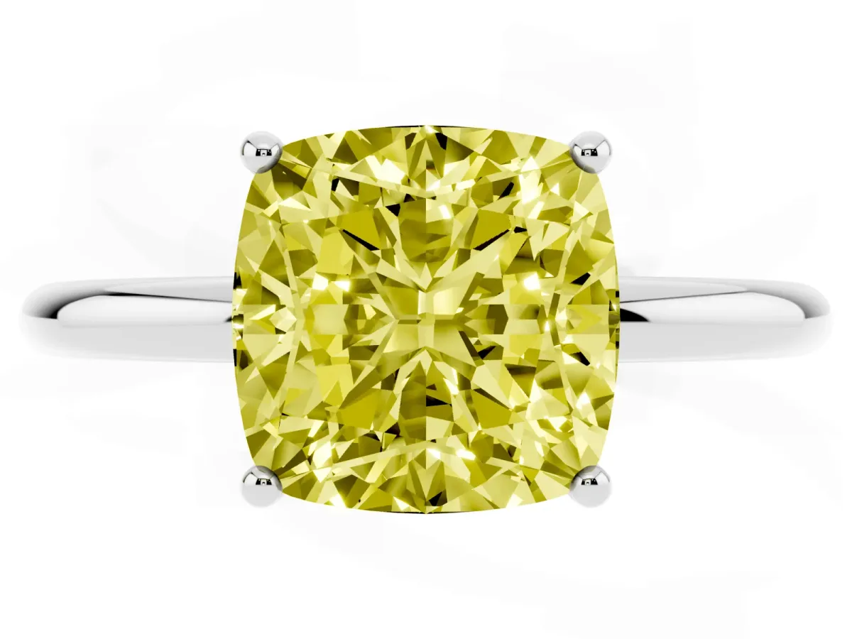 Fancy Yellow Cushion Cut Solitaire Diamond Ring with a Classic Band and Four-Prong Setting Silver