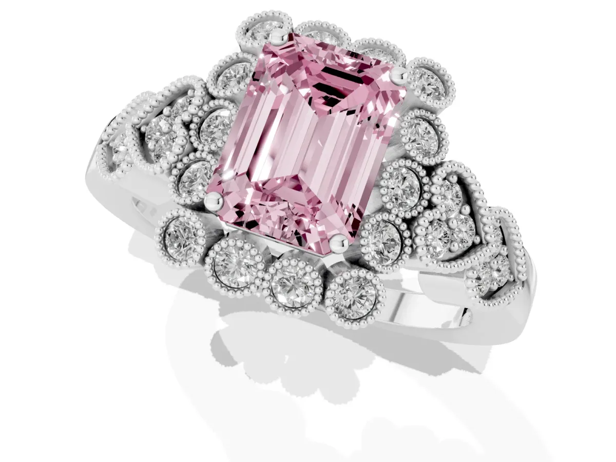 Fancy Pink Emerald Cut Brilliant Milgrain Pave Heart Band Solitaire Ring Silver