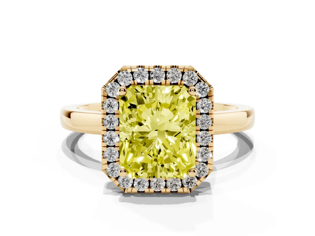 Fancy Yellow Radiant Cut Halo Diamond Solitaire with Pavé Band and Four-Prong Setting Yellow gold