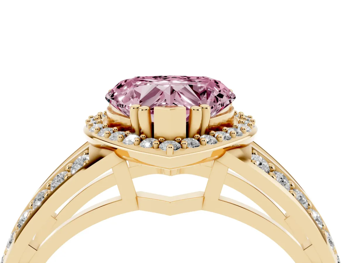 Fancy Pink Heart Cut Diamond Halo Ring with Split Shank Pavé Band and Four-Prong Setting Yellow gold