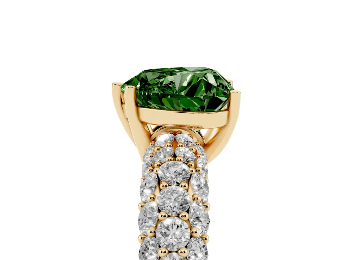 Fancy Green Heart Cut Diamond Pavé Band Solitaire Ring with Four-Prong Setting Yellow gold