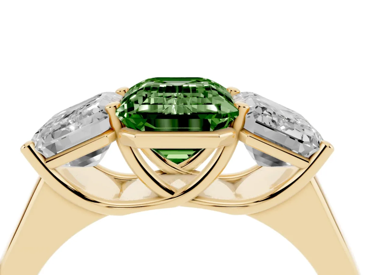 Fancy Green Emerald Cut Three-Stone Diamond Ring with Prong Setting on a Classic Band Yellow gold