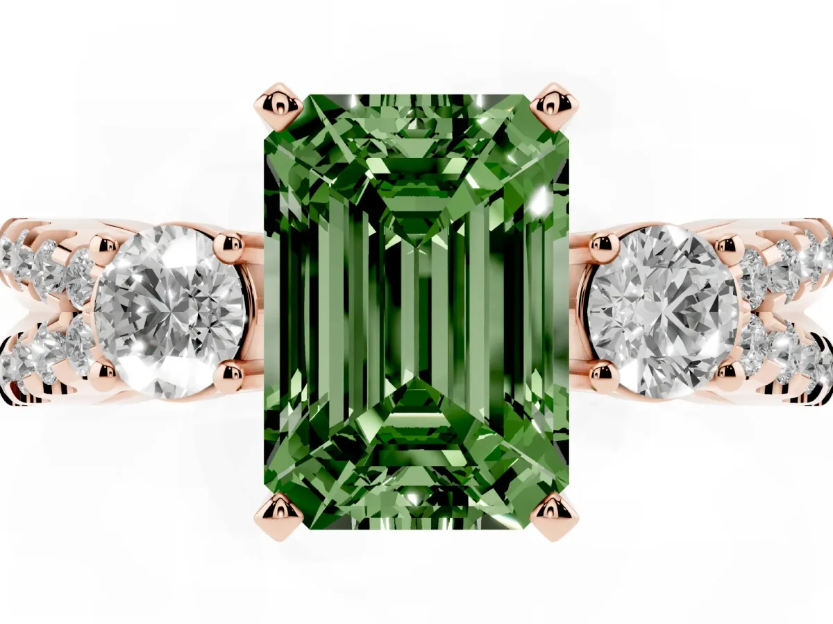 Fancy Green Emerald Cut Diamond Three-Stone Ring with Pavé Split Shank and Four-Prong Setting Rose gold