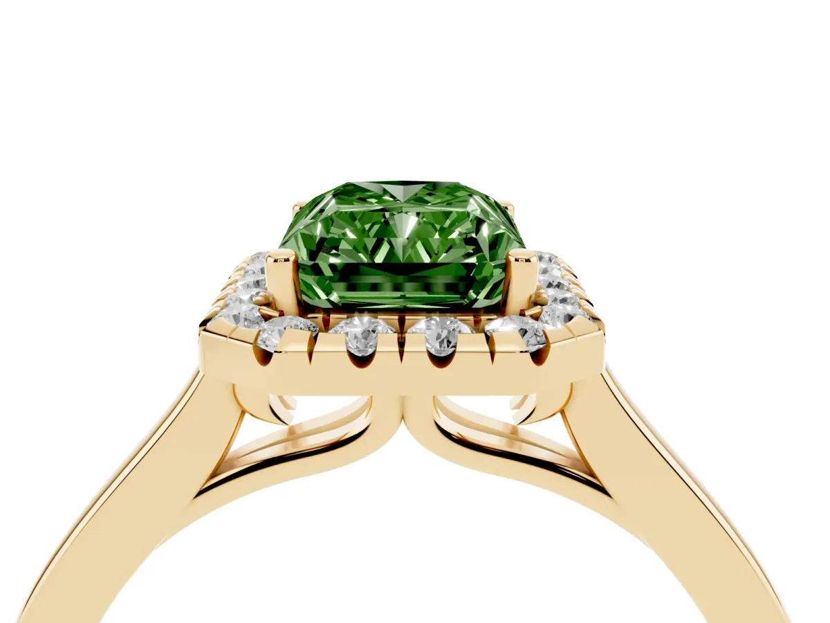 Fancy Green Radiant Cut Halo Round Diamond Solitaire Ring with Pavé Band and Four-Prong Setting Yellow gold