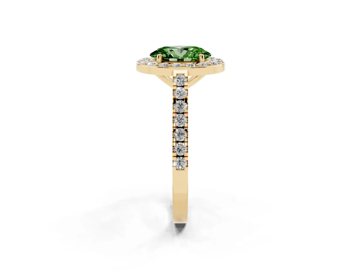 Fancy Green Oval Cut Diamond Halo Ring with Round Pavé Split Shank and Prong Setting Yellow gold