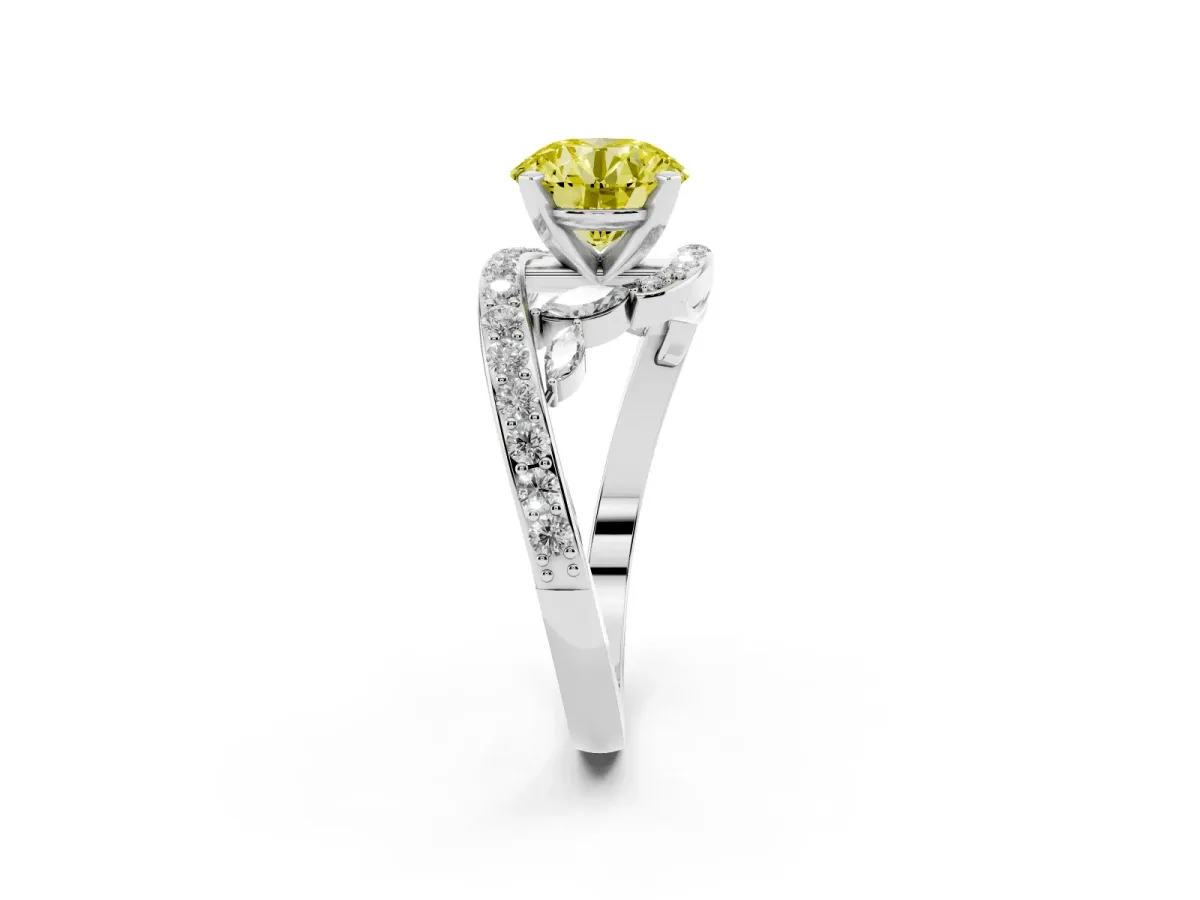 Fancy Yellow Round Cut Solitaire with Pavé Twist Band and Four-Prong Setting Silver
