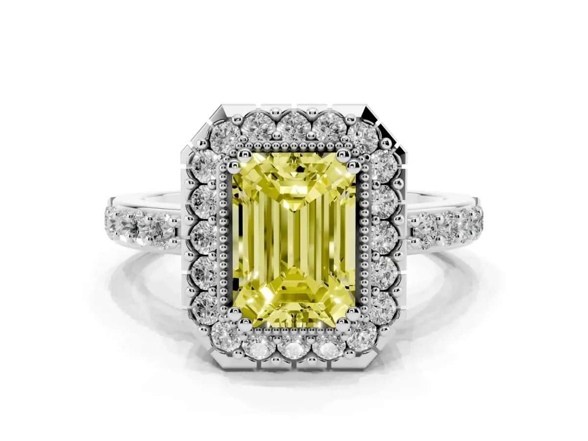 Fancy Yellow Emerald Cut Diamond Halo Ring with Pavé Band and Prong Setting Platinum
