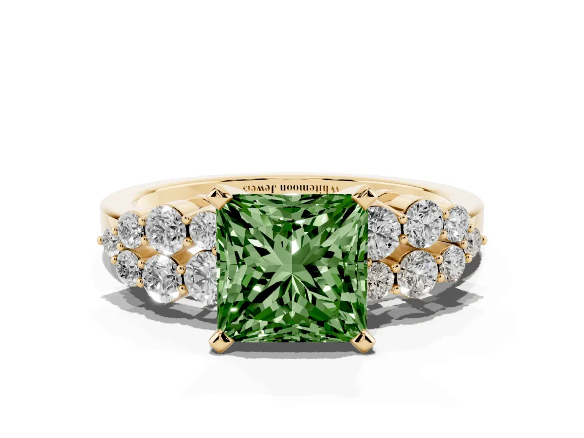 Fancy Green Princess Cut Cluster Diamond Engagement Ring with Pavé Band and Four-Prong Setting Yellow gold