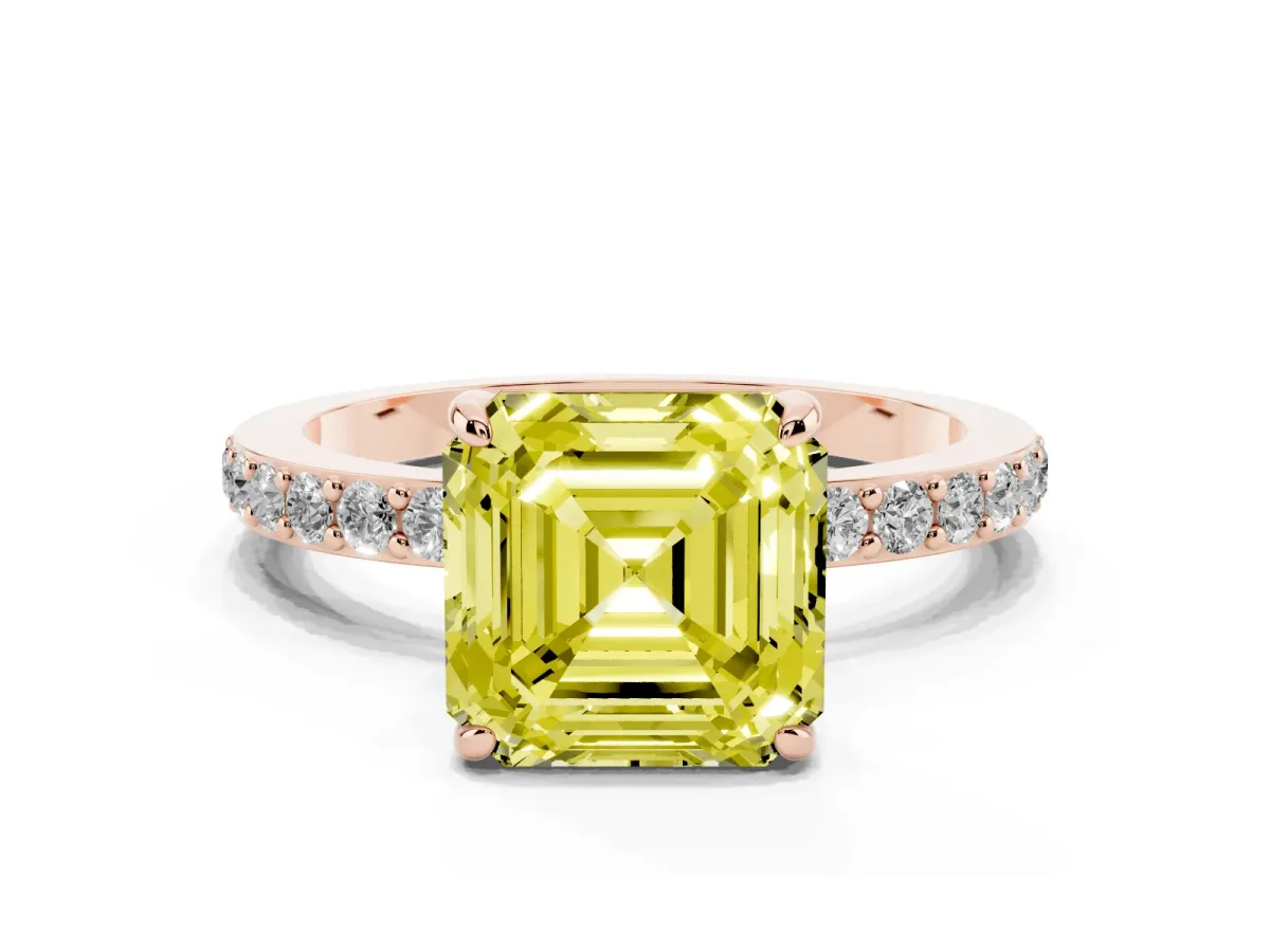 Fancy Yellow Asscher Cut Diamond Solitaire Engagement Ring with Pavé Band and Four-Prong Setting Rose gold