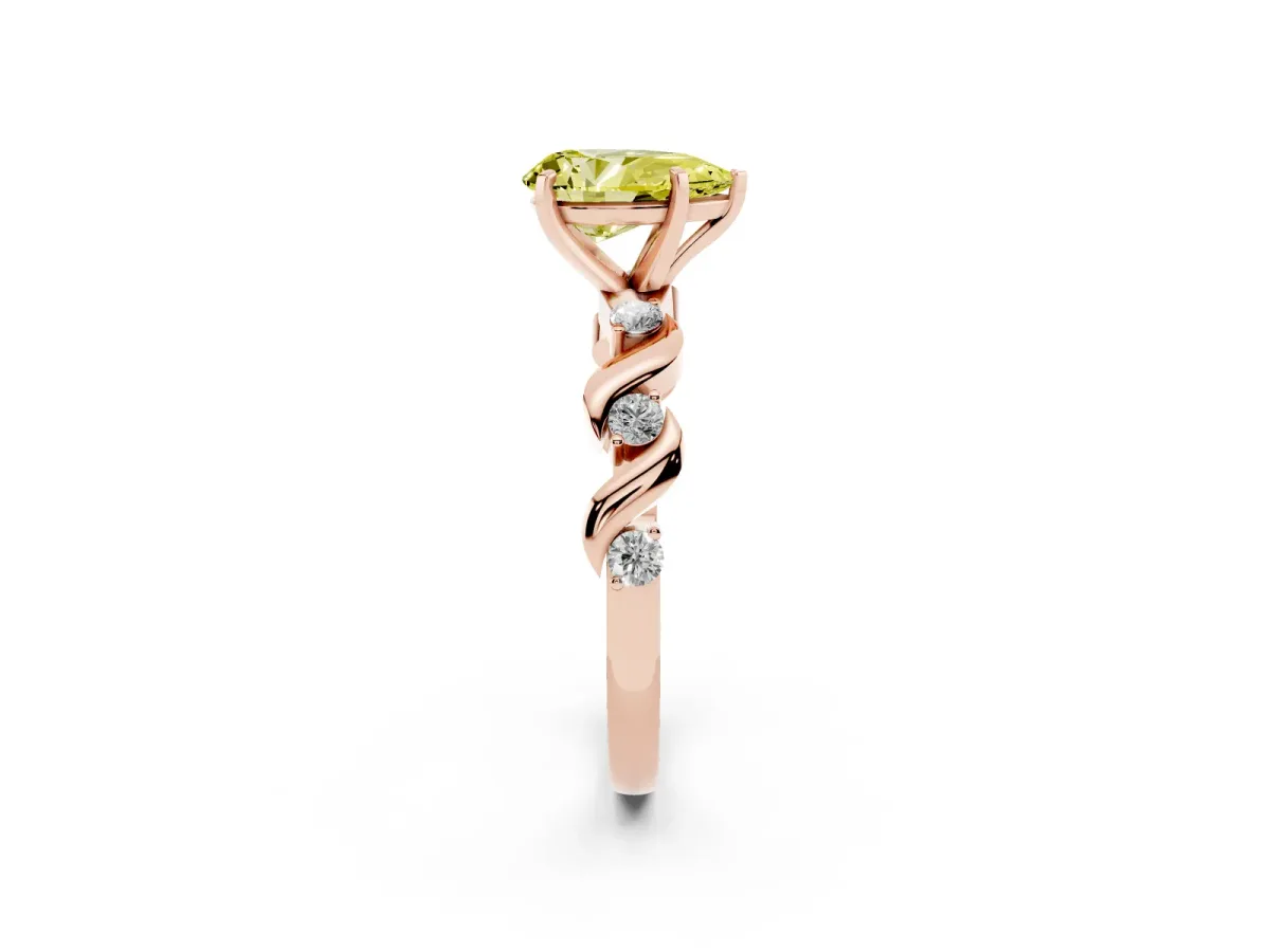Fancy Yellow Pear Cut Diamond Solitaire Twisted Band with Round Accents and Prong Setting Rose gold