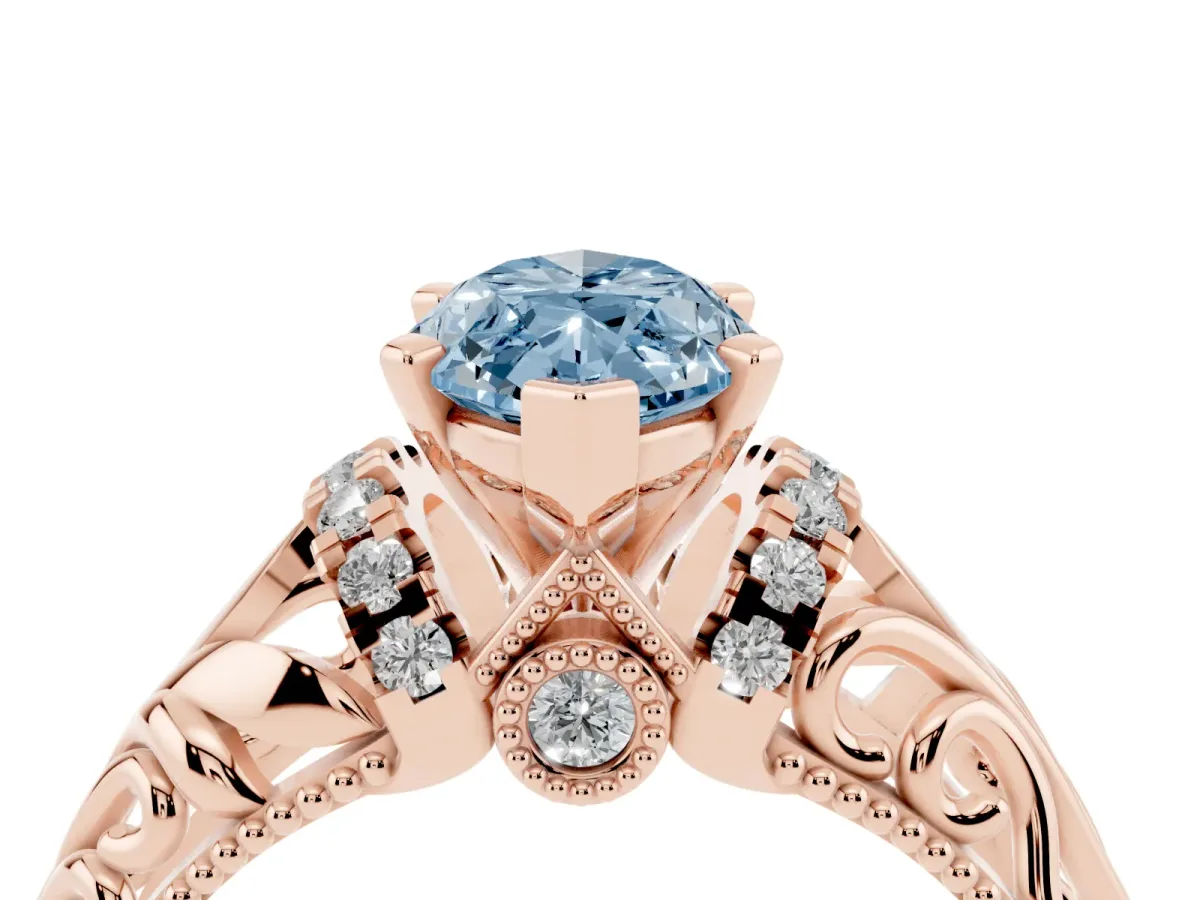 Fancy Blue Marquise Cut Solitaire Filigree Engagement Ring with Halo and Prong Setting Rose gold