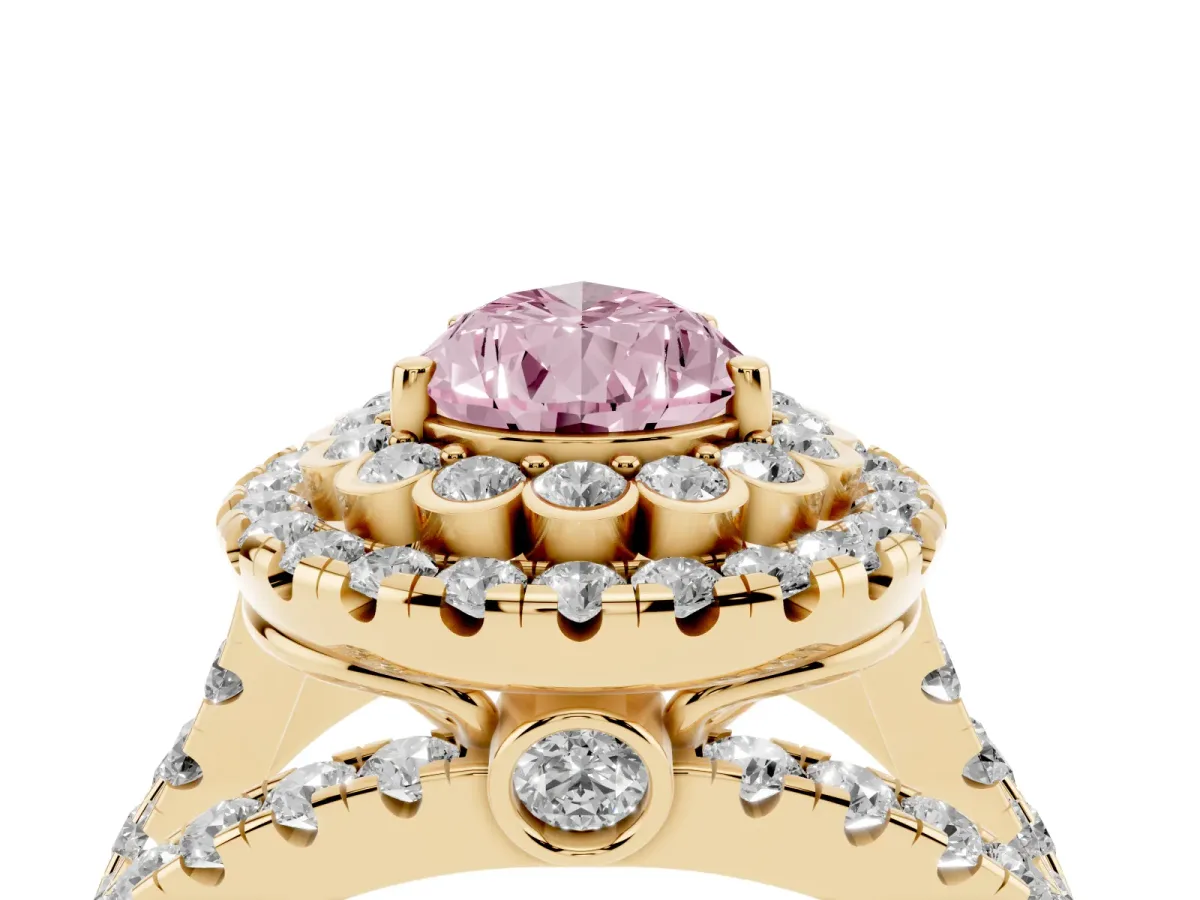 Fancy Pink Pear Cut Diamond Double Halo Ring with Round Pavé Split Shank and Prong Setting Yellow gold
