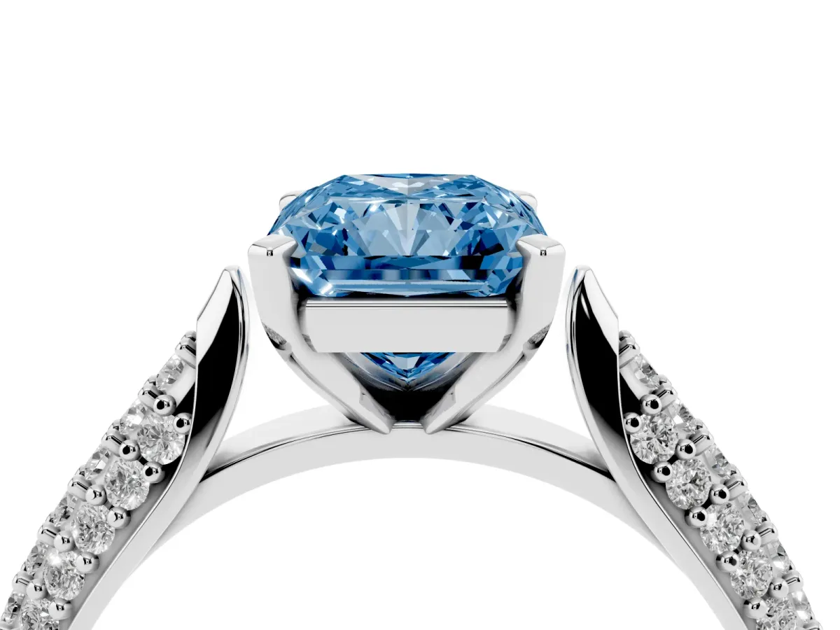 Fancy Blue Radiant Cut Diamond Solitaire Engagement Ring with Multi-Row Round Pavé Band and Prong Setting White gold