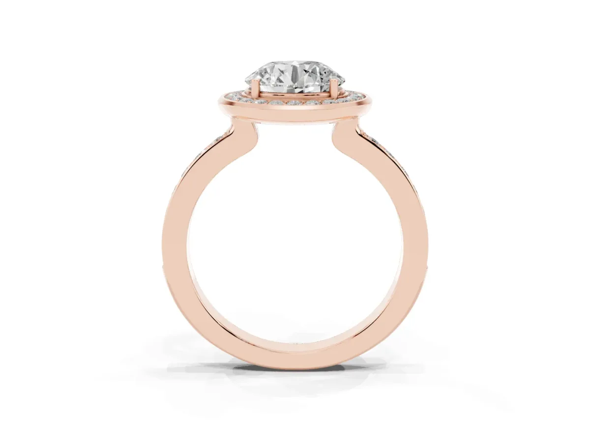 Round Cut Diamond Halo Ring with Bezel Frame and Pavé Band Rose gold