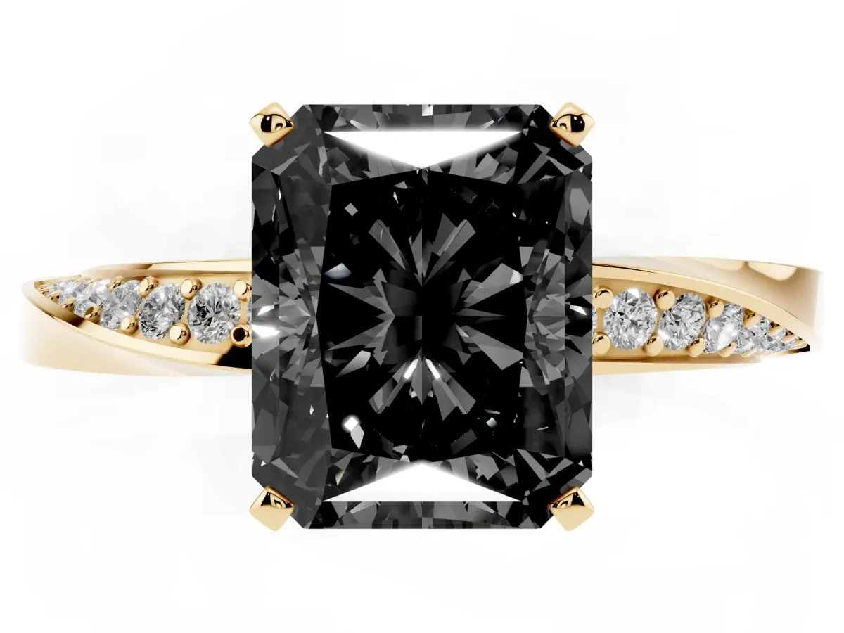 Fancy Black Radiant Cut Diamond Engagement Ring with Side Stone Accents and Four-Prong Setting Yellow gold