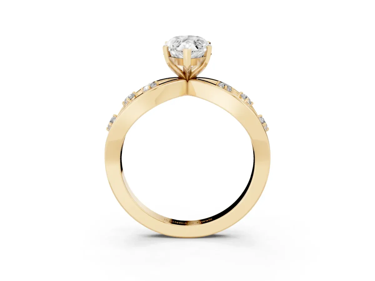 Marquise Cut Cut Solitaire Diamond with Side Stones on Criss-Cross Band and Four-Prong Setting Yellow gold