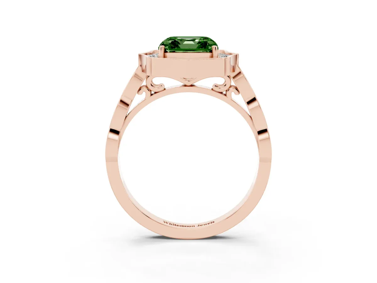 Fancy Green Asscher Cut Halo Diamond Engagement Ring with Milgrain Band and Four-Prong Setting Rose gold
