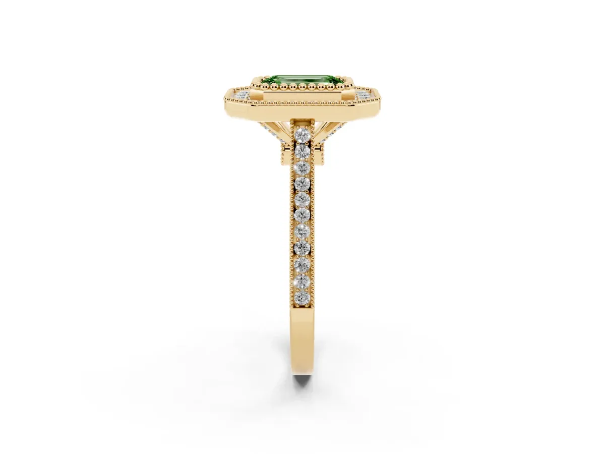 Fancy Green Emerald Cut Diamond Halo Ring with Milgrain Frame and Pavé Band Yellow gold
