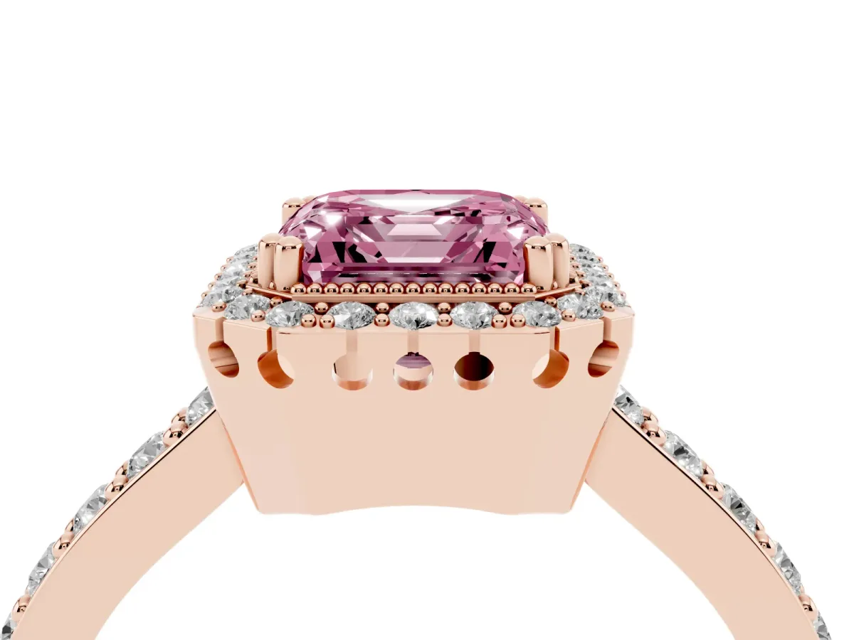Fancy Pink Asscher Cut Cut Diamond Halo Engagement Ring with Milgrain Detail and Pavé Band Rose gold