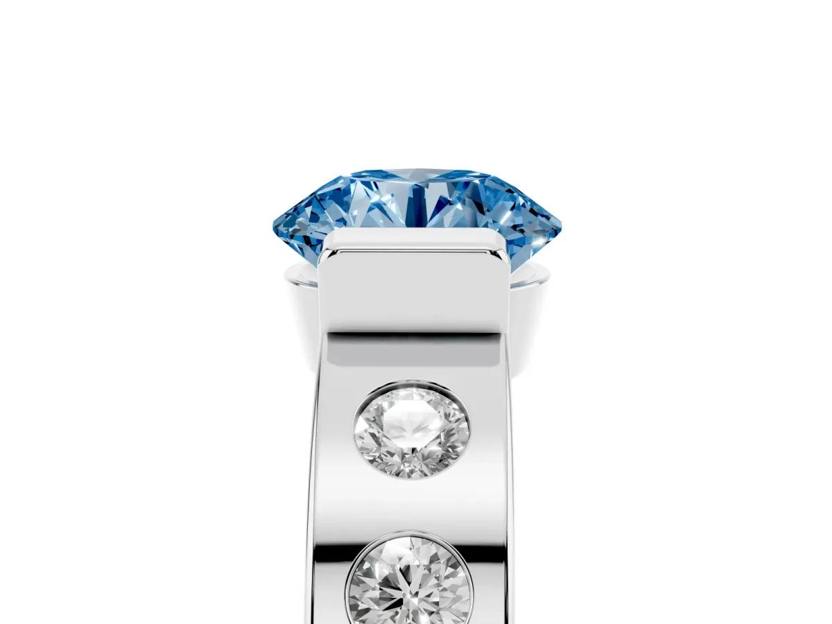 Fancy Blue Round Cut Brilliant Channel-Set Diamond Ring with Bezel Prong Setting Silver