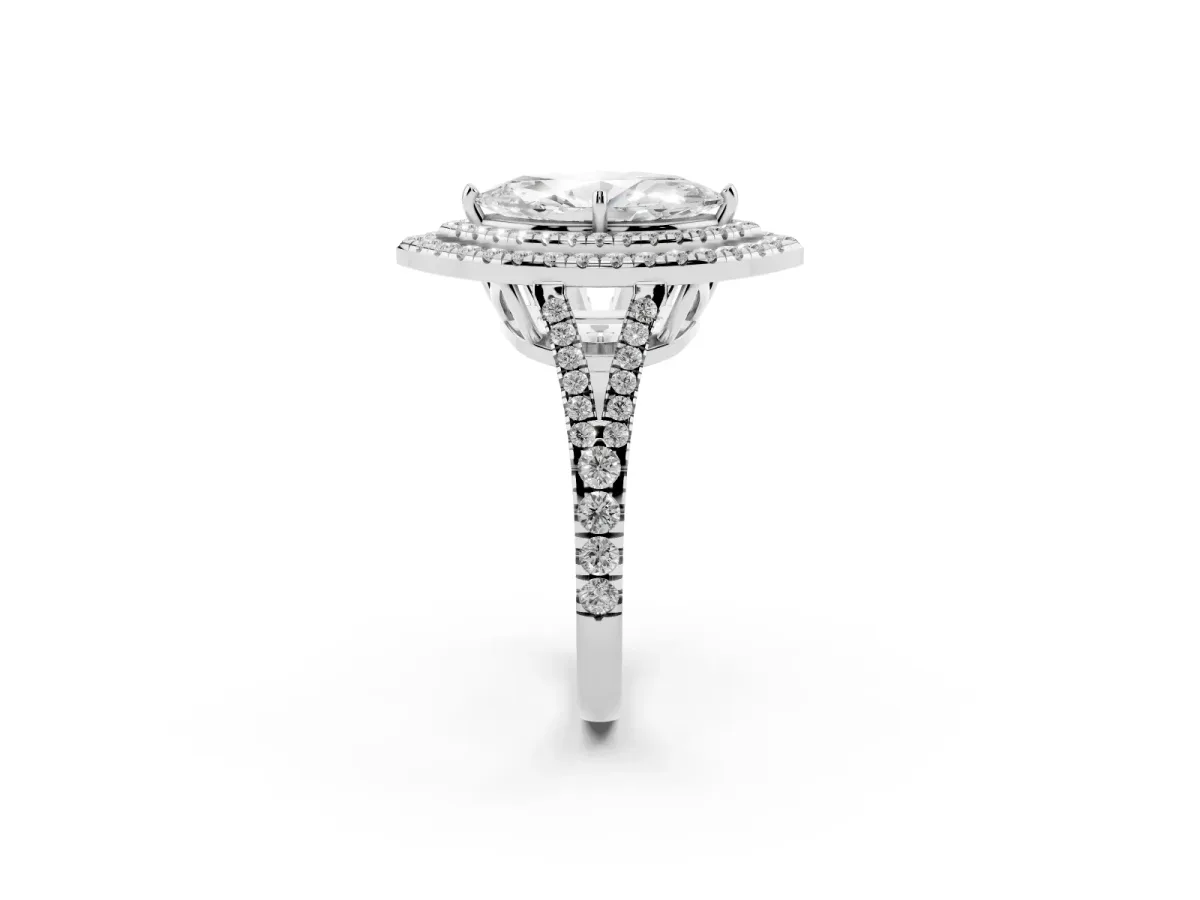 Marquise Cut Diamond Double Halo Ring with Pavé Band and Prong Setting Silver