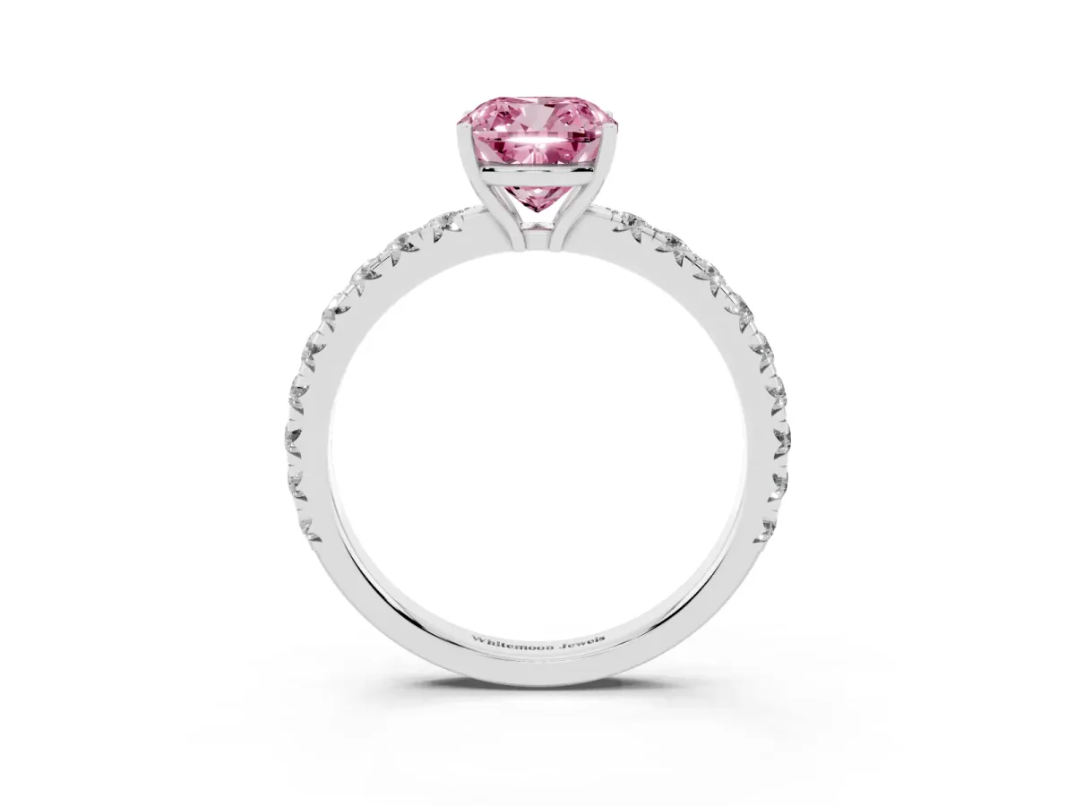 Fancy Pink Cushion Cut Diamond Pavé Solitaire Engagement Ring with Four-Prong Setting Silver