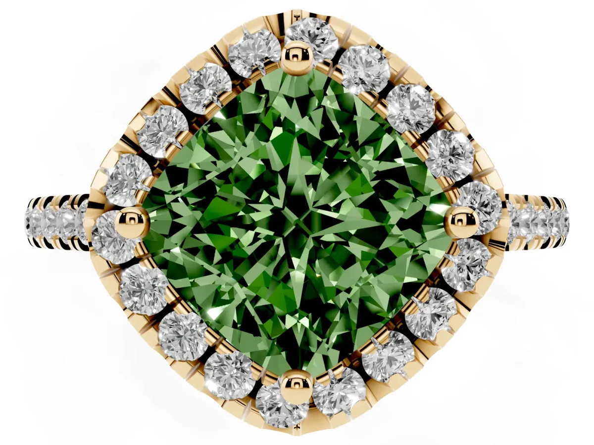 Fancy Green Cushion Cut Diamond Cushion Halo Ring with Pavé Band Yellow gold
