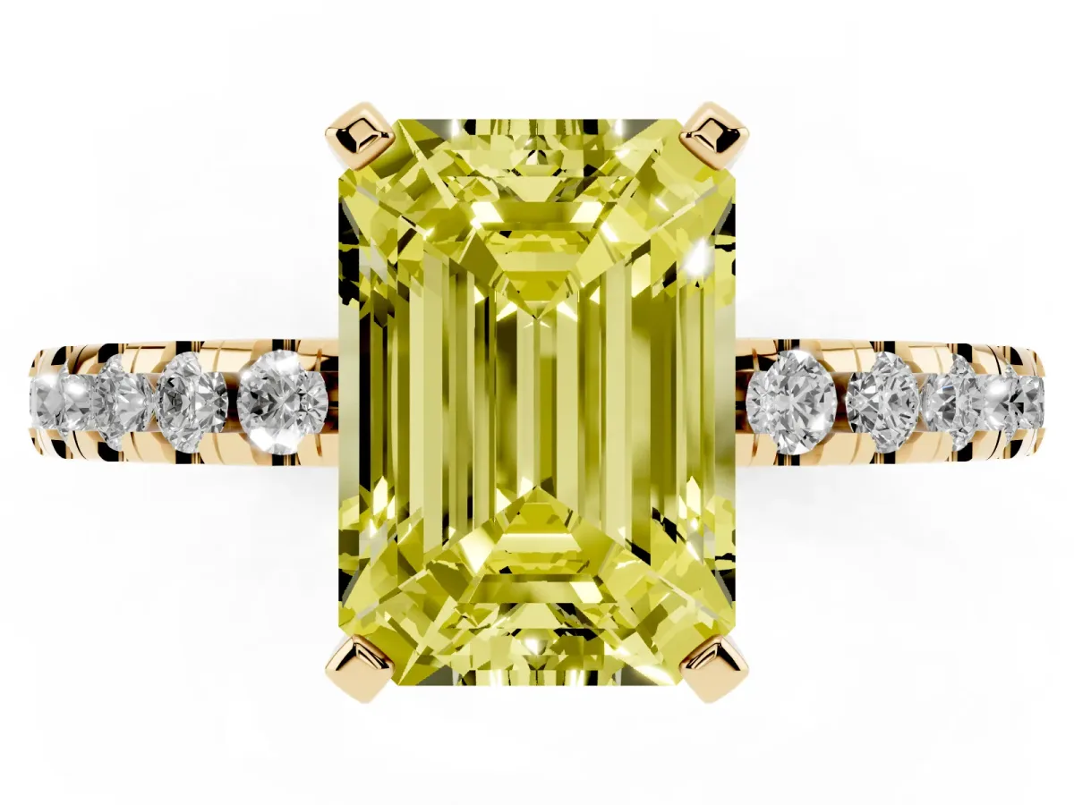 Fancy Yellow Emerald Cut Diamond Solitaire Ring with Round Pavé Band and Four-Prong Setting Yellow gold